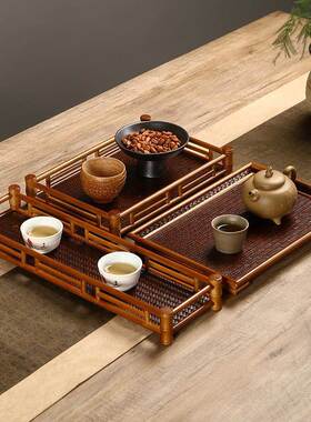 竹编手作复古大号抽屉排水茶台