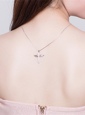 原宿风镶满钻十字架吊坠翅膀项链