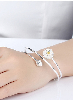 民族风甜美清新莲花镀银手镯子女开口白搭荷花文静手链手饰品礼物
