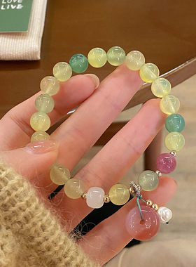 春天清新甜美森系苹果绿玛瑙手链盐源玛瑙平安扣简约方糖学生