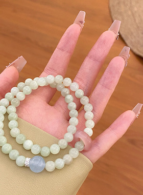 新中式高颜值文艺森系小清新优化米黄玉双圈手链玛瑙水蜜桃手串