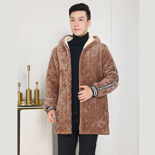 秋冬棉衣罩衣加绒加厚连帽新款工作服长款外套纽扣男士罩衣宽松 - 图2