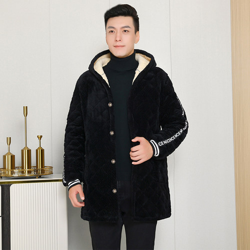 秋冬棉衣罩衣加绒加厚连帽新款工作服长款外套纽扣男士罩衣宽松 - 图0