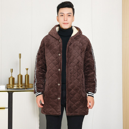 秋冬棉衣罩衣加绒加厚连帽新款工作服长款外套纽扣男士罩衣宽松 - 图3