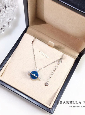 蓝色琉璃星球纯银镶锆钻生日吊坠