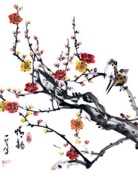 国画手绘梅花报春图中式客餐厅中堂办公室装饰画花鸟红梅国画挂画