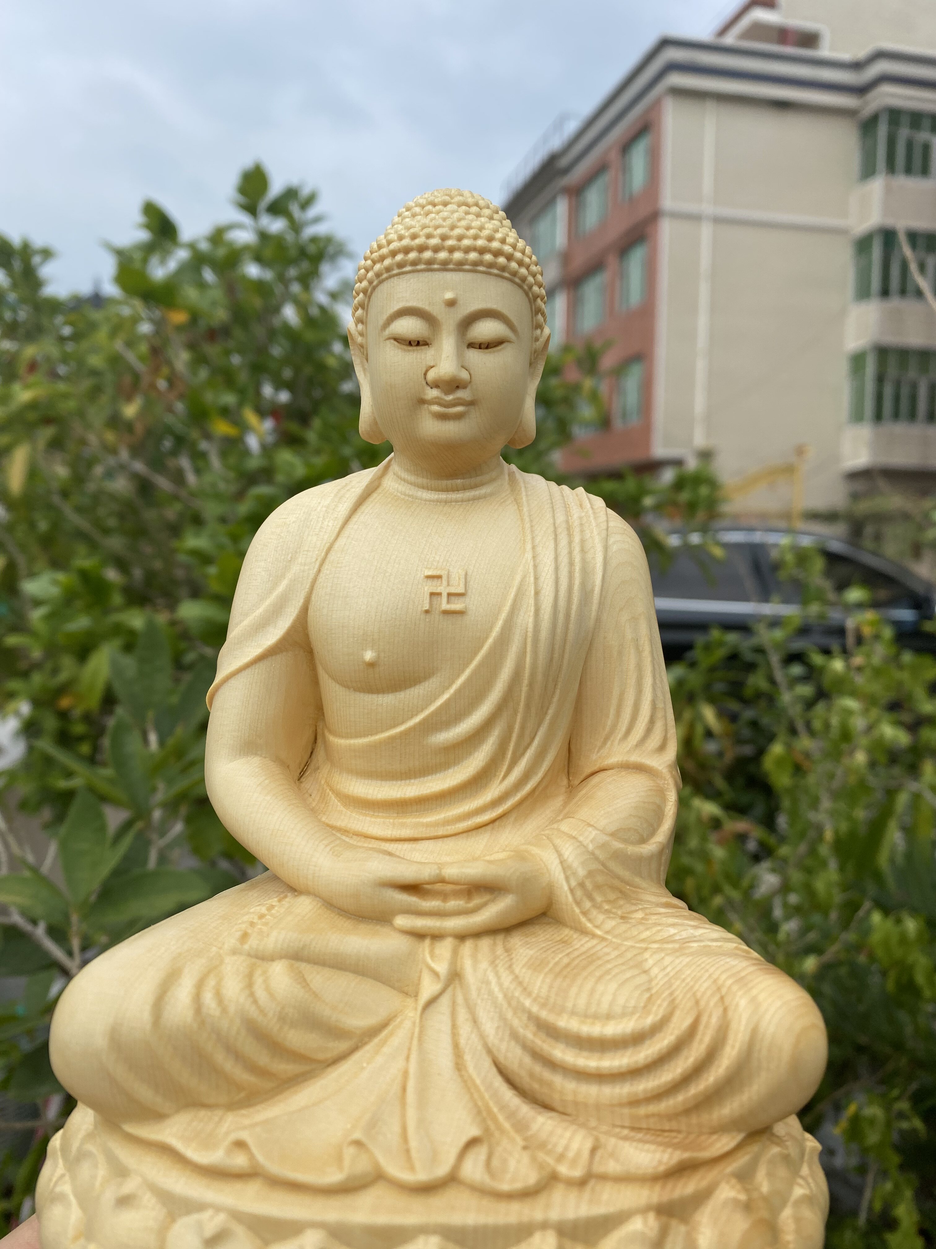 桧木新中式阿弥陀佛像摆件实木雕刻大日如来佛祖神像家居客厅装饰