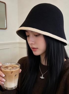新款韩系撞色包边针织水桶帽女秋冬显脸小渔夫帽百搭温柔遮脸盆帽