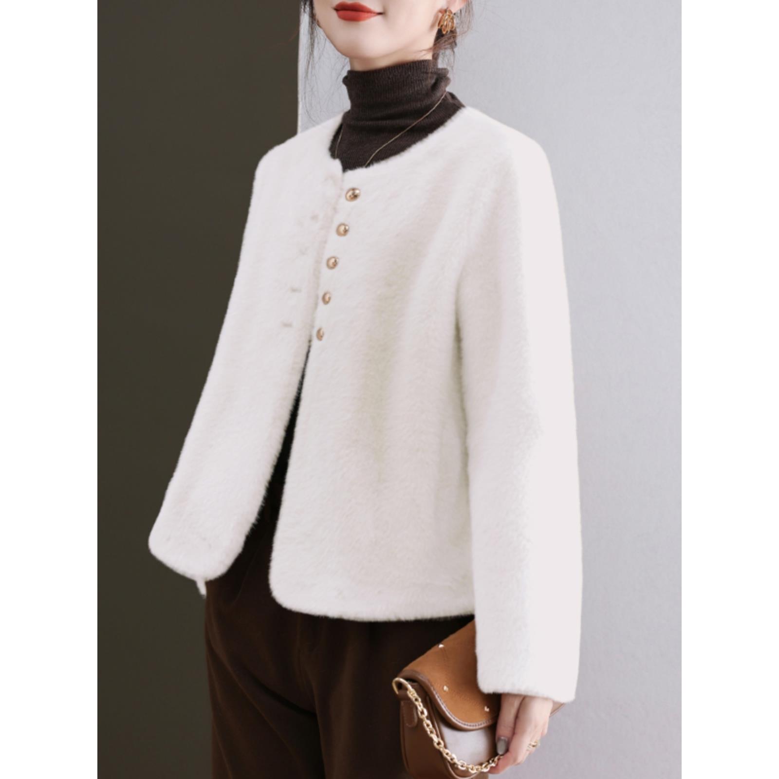 咖色女装高端皮毛一体仿水貂毛绒皮草大衣短款圆领毛绒绒外套秋冬 - 图2