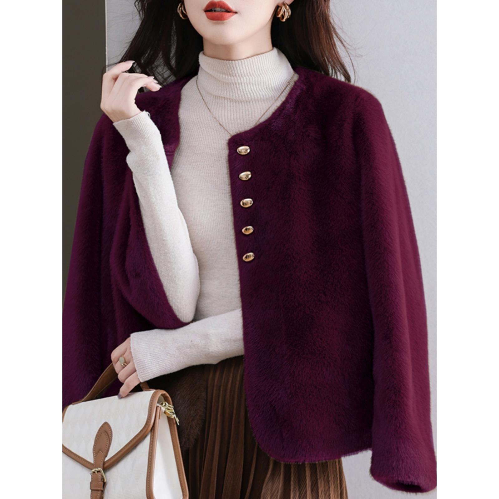 咖色女装高端皮毛一体仿水貂毛绒皮草大衣短款圆领毛绒绒外套秋冬 - 图1