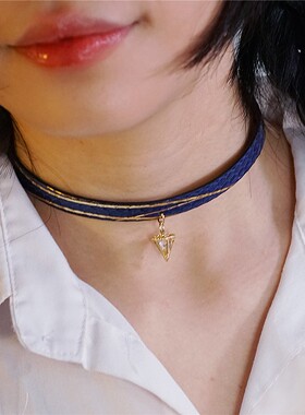 诊疗师手工定制 深蓝金丝真皮颈环choker吊坠项圈女简约刻字情侣