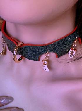 诊疗师手工定制 圣诞墨绿吊坠真皮choker项圈礼物情侣SM小众高级