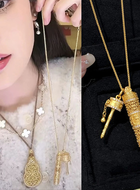 韦雪同款古法铜镀金新中式拨浪鼓六字真言随身佛吊坠首饰毛衣链