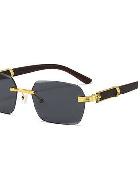 不规则墨镜无框切边太阳镜木纹腿墨镜欧美方形潮流时尚无框太阳镜