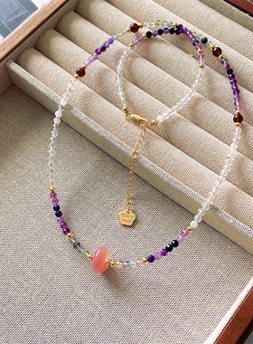 【夏日绮梦】天然萤石渐变项链石榴石盐源玛瑙吊坠复古民族风首饰