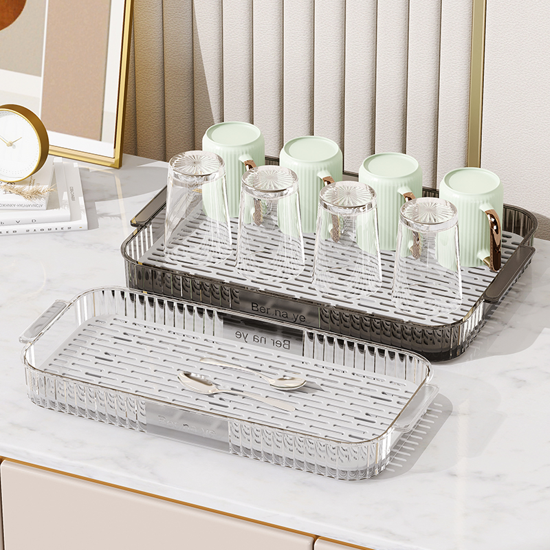 双层杯架加厚透明托盘家用茶杯子沥水置物架杯子碗筷茶盘收纳架子 - 图1