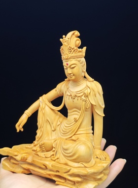 现货1件小叶黄杨木自在观音木雕菩萨家居玄关装饰摆件实木手工雕