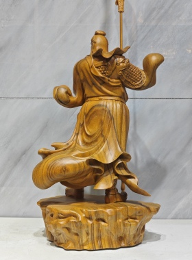 木雕关公神像摆件关圣帝君武财神像家居玄关装饰实木雕刻彩绘19寸