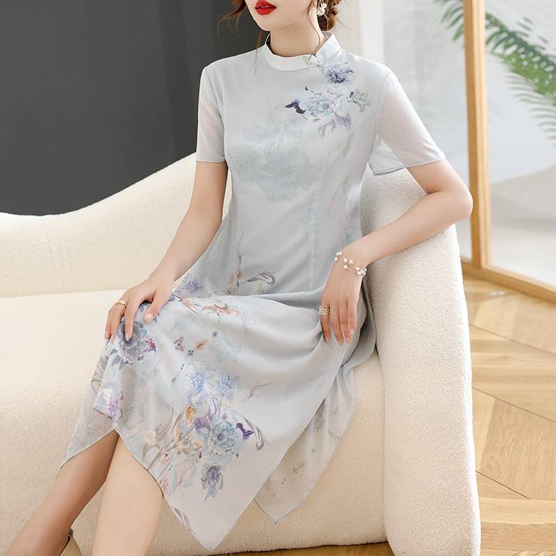 妈妈夏装2024新款旗袍桑蚕丝连衣裙中老年女夏季真丝裙子中式长裙 - 图1