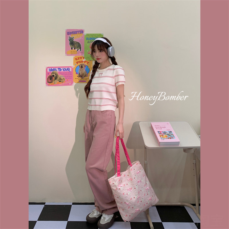 百搭甜酷少女粉色肌理感牛仔裤女高腰遮胯显瘦阔腿拖地小个子长裤,淘宝优惠券,粉丝福利购,淘宝优惠卷