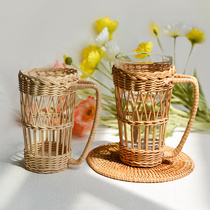 Natural net red rattan knitted cup sleeve mug restaurant white vines glass heat insulation cup woven with handle anti-burn