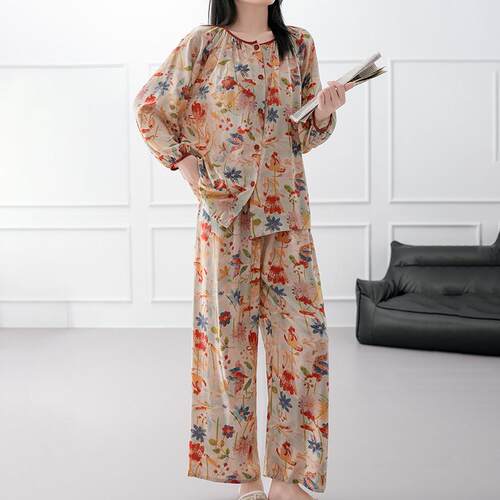 2025新款棉绸睡衣女春秋季中老年妈妈款绵绸家居服套装可外穿夏天 - 图2