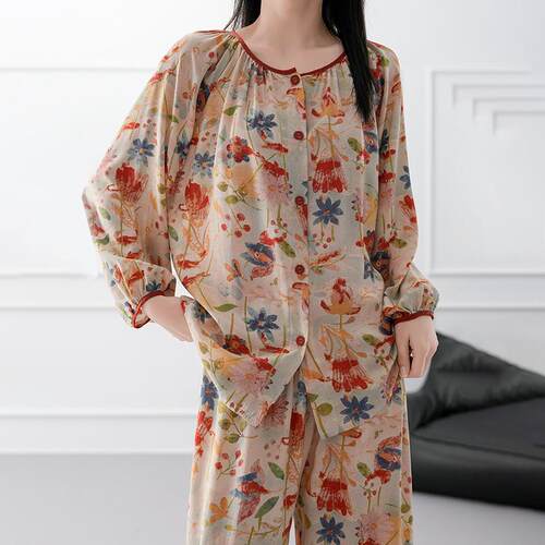 2025新款棉绸睡衣女春秋季中老年妈妈款绵绸家居服套装可外穿夏天 - 图0