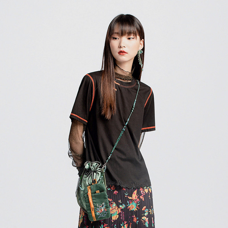 FISHING女装t恤2024新款女夏秋休闲弹力复古盘扣针织上衣FGGC2020