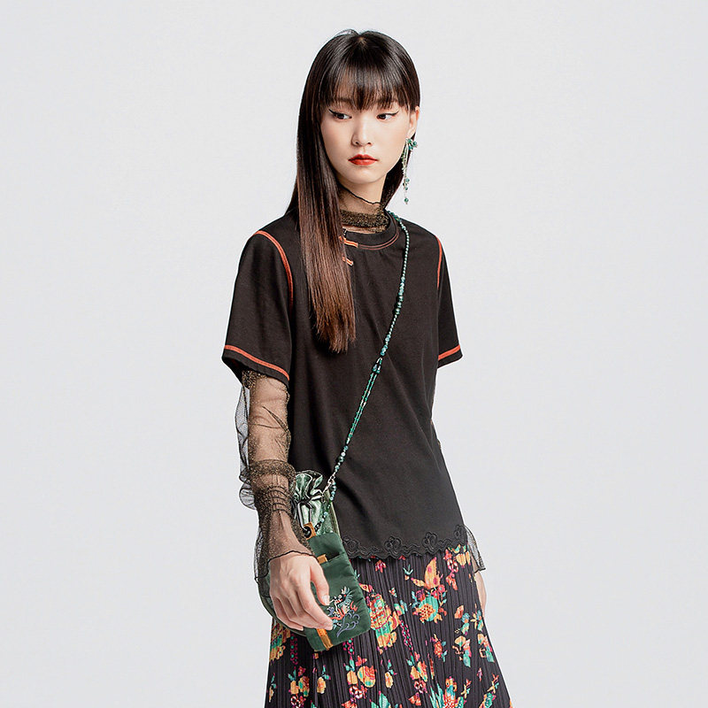 FISHING女装t恤2024新款女夏秋休闲弹力复古盘扣针织上衣FGGC2020