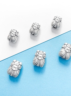 足银999精工复古一鸣惊人金蝉3D硬银diy手工编绳串珠竖穿隔珠配件