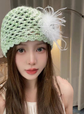 秋冬复古黑色羽毛编织包头帽女