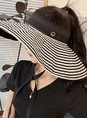 夏季百搭条纹飘带空顶遮阳帽女