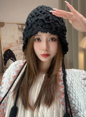 百搭秋冬双层钩花流苏毛线帽女