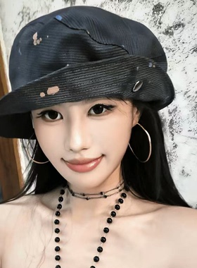 春秋复古斑点涂鸦显脸小渔夫帽女