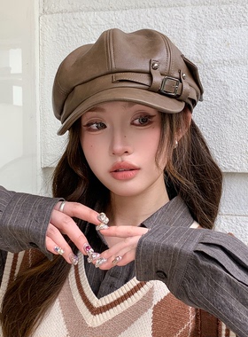 秋冬复古铆钉皮质显脸小八角帽女
