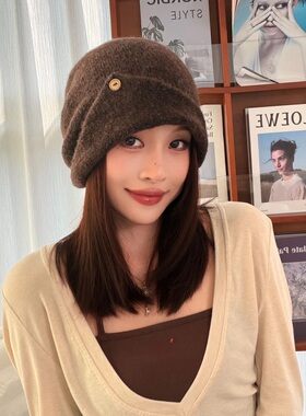 翻边纽扣设计针织帽女秋冬防寒保暖包头帽显脸小纯色护耳毛线帽子