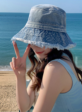 春秋休闲复古毛边水洗牛仔盆帽女