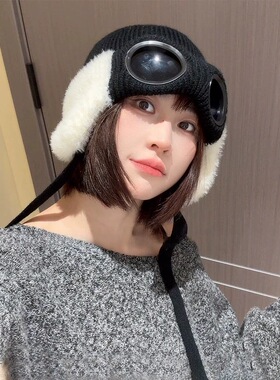 日系飞行员护目镜保暖护耳帽子女款新款冬季防寒大头围雷锋帽子男