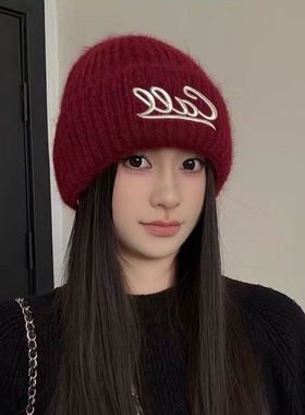 秋冬韩系字母刺绣大头围针织帽女
