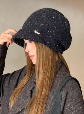 秋冬百搭短檐双层针织堆堆帽女