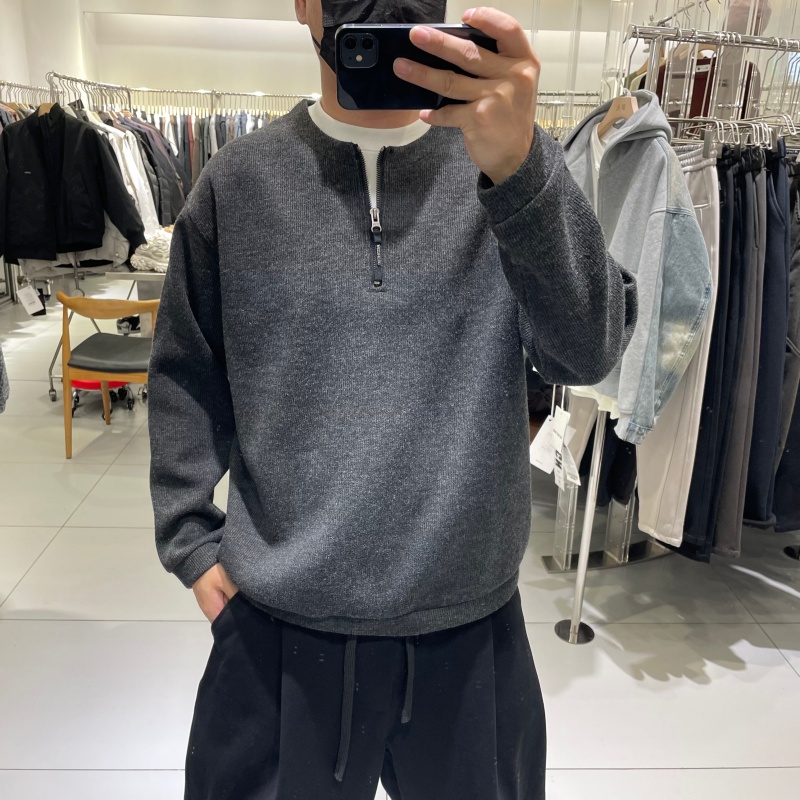 潮牌设计感半拉链拼接假俩件圆领加绒卫衣男士冬季高级感保暖毛衫 - 图1