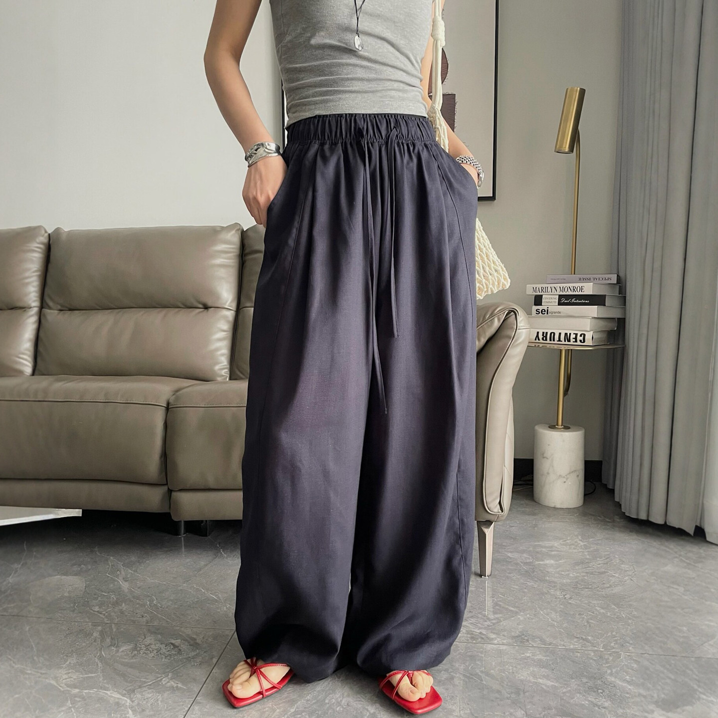天丝亚麻拖地直筒阔腿裤女欧洲站2026夏装新款欧货女装休闲裤子潮