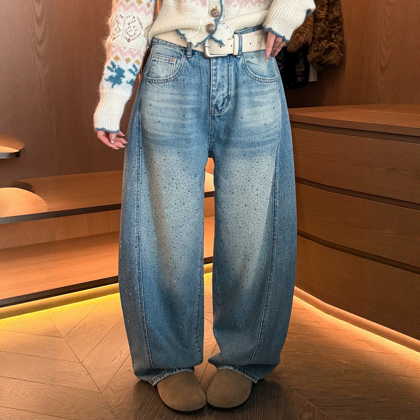 重工烫钻弯刀牛仔裤女欧洲站2025冬装新款欧货女装拖地阔腿裤子潮,淘宝优惠券,粉丝福利购,淘宝优惠卷