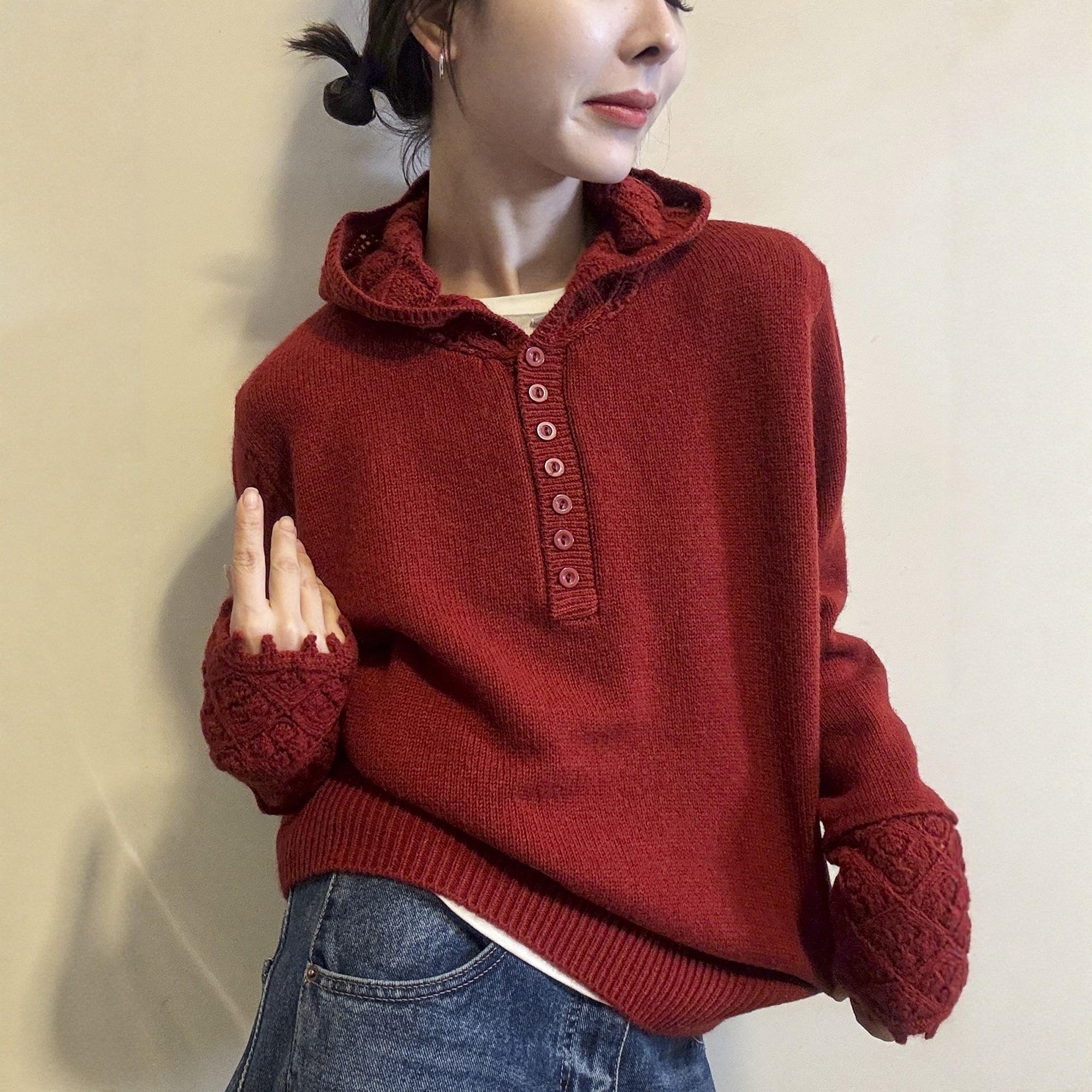 镂空钩花连帽羊毛针织衫女欧洲站2025冬装新款欧货女装打底毛衣潮,淘宝优惠券,粉丝福利购,淘宝优惠卷