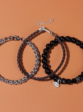 钢合金链手链男海外潮流ins风复古时尚天然石复古皮绳三件套手串