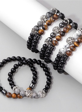 欧美新款天然石手链男复古商务亮黑珠子狮子头双层手串流行个性简