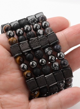 爆款8mm虎眼石弹力手链方块设计火山石手串个性潮流百搭手链饰品