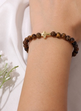 6mm石头珠子手链强保色电镀金色十字架欧美风饰品弹力绳男女手串