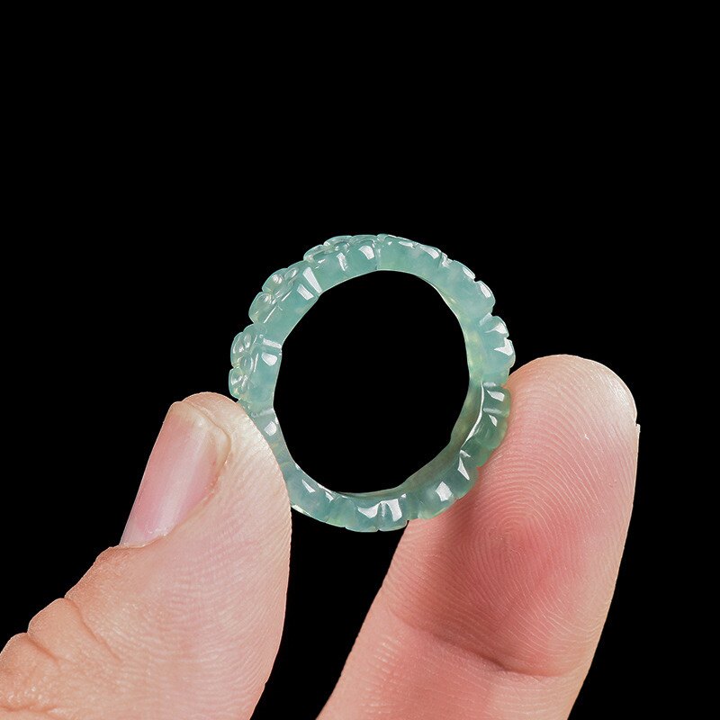 Natural A-grade jade blue water three-dimensional peach blossom ring ice jade ring couple gift for men and women prosperous peach blossom ring