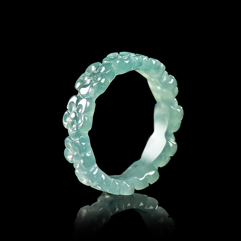 Natural A-grade jade blue water three-dimensional peach blossom ring ice jade ring couple gift for men and women prosperous peach blossom ring